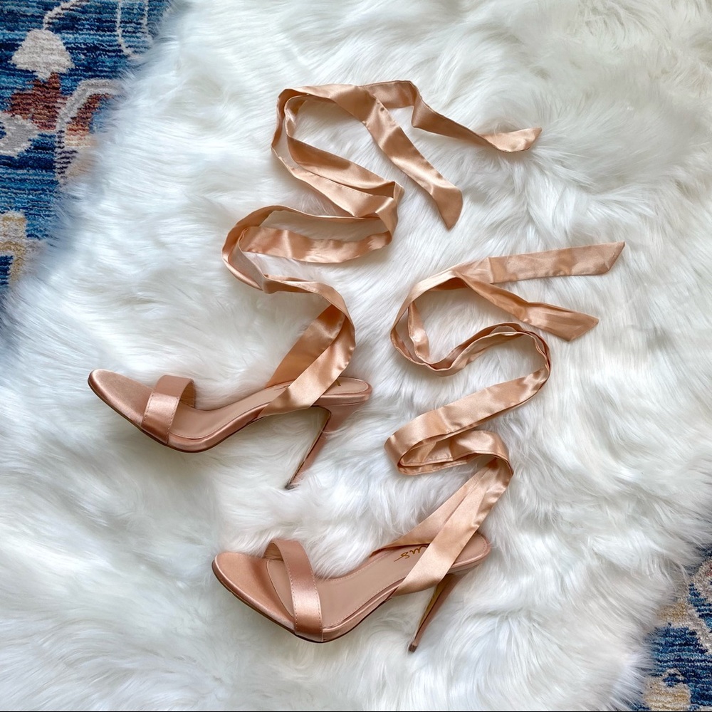 NIB Lulu’s Size 8 Champagne Gold Satin Lace-Up Stiletto Heel Sandals - Picture 2 of 10